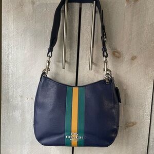 Coach Blue Leather Shoulder Bag with Green and Orange Stripes